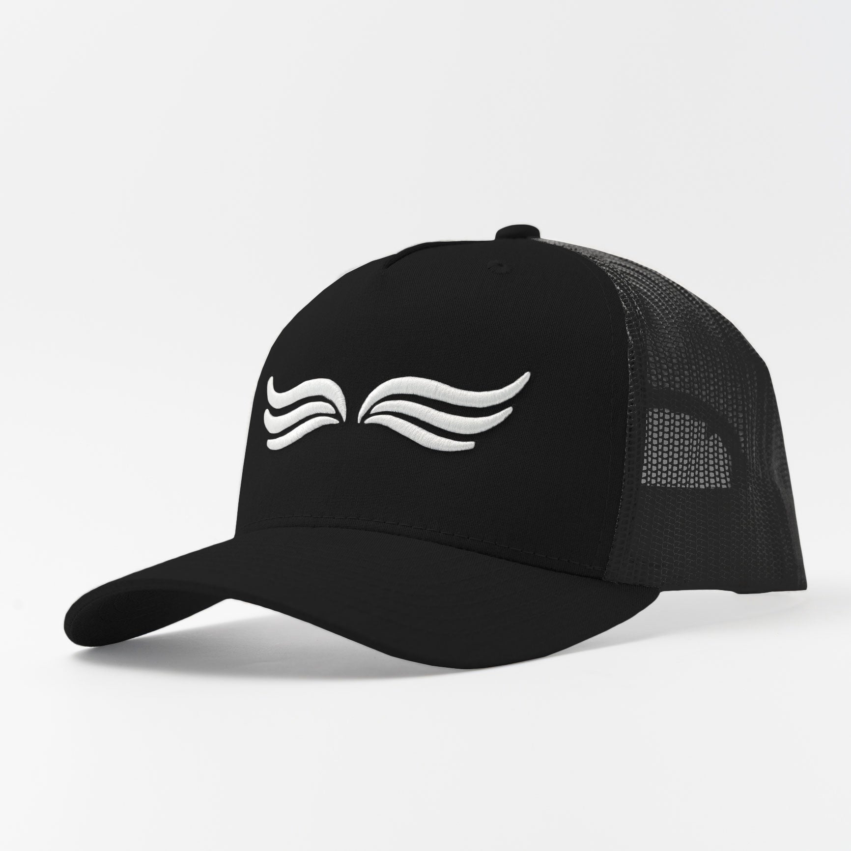 Trucker Hat – Core Black | Classic 5-panel trucker with structured black front and mesh back