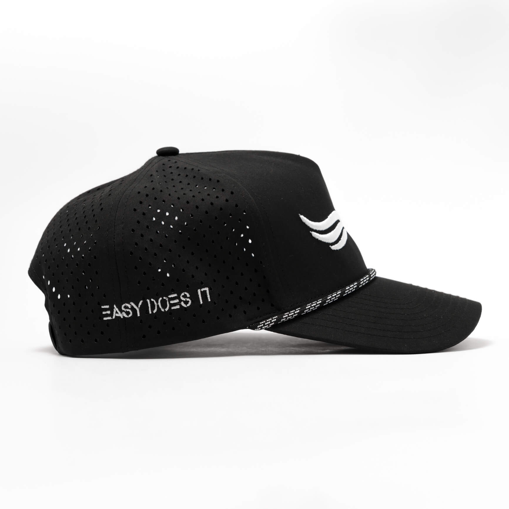 Black structured Golf Hat with rope detail—versatile and breathable design.