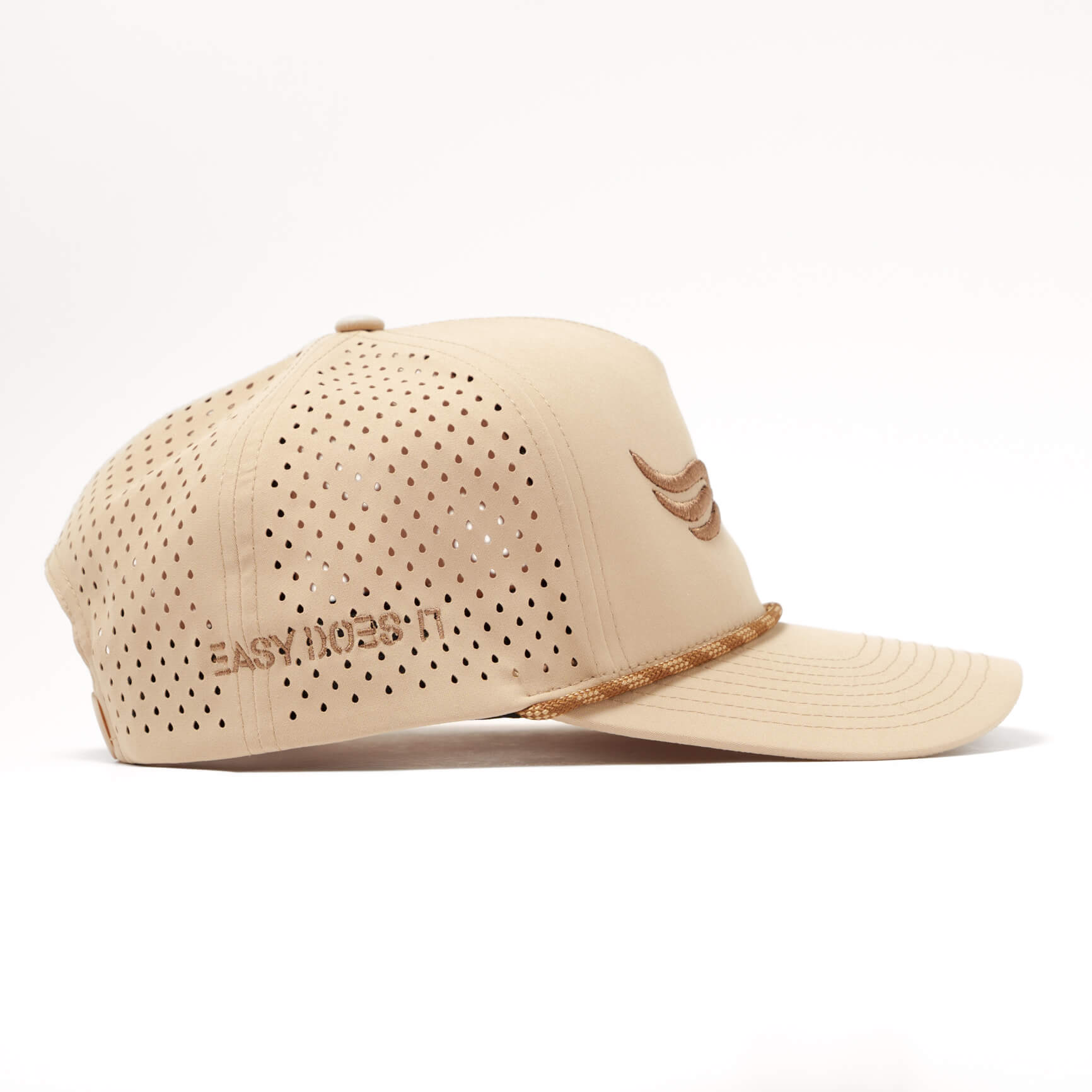 Neutral khaki structured cap with performance fabric and vintage rope feature.