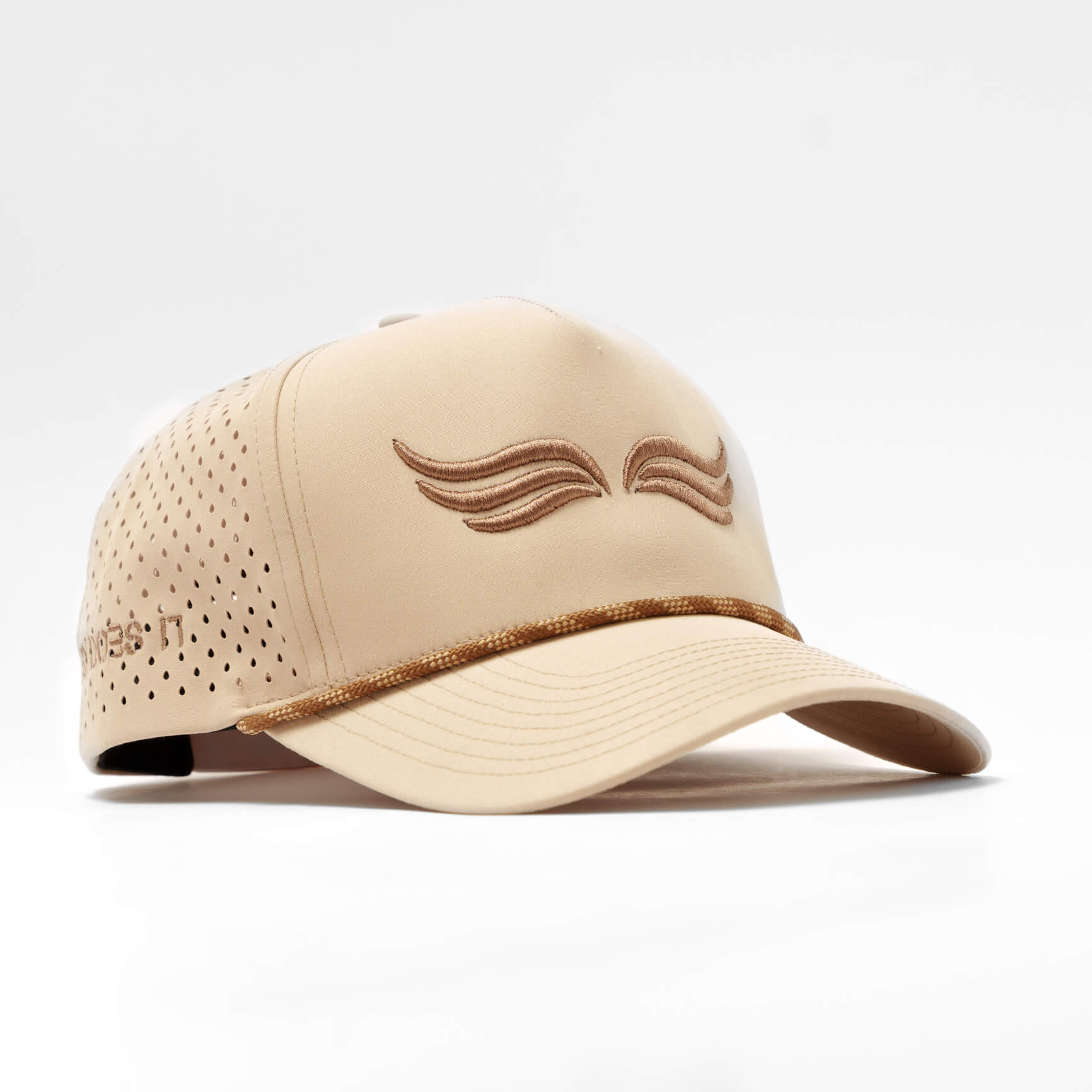 Neutral khaki structured cap with performance fabric and vintage rope feature.