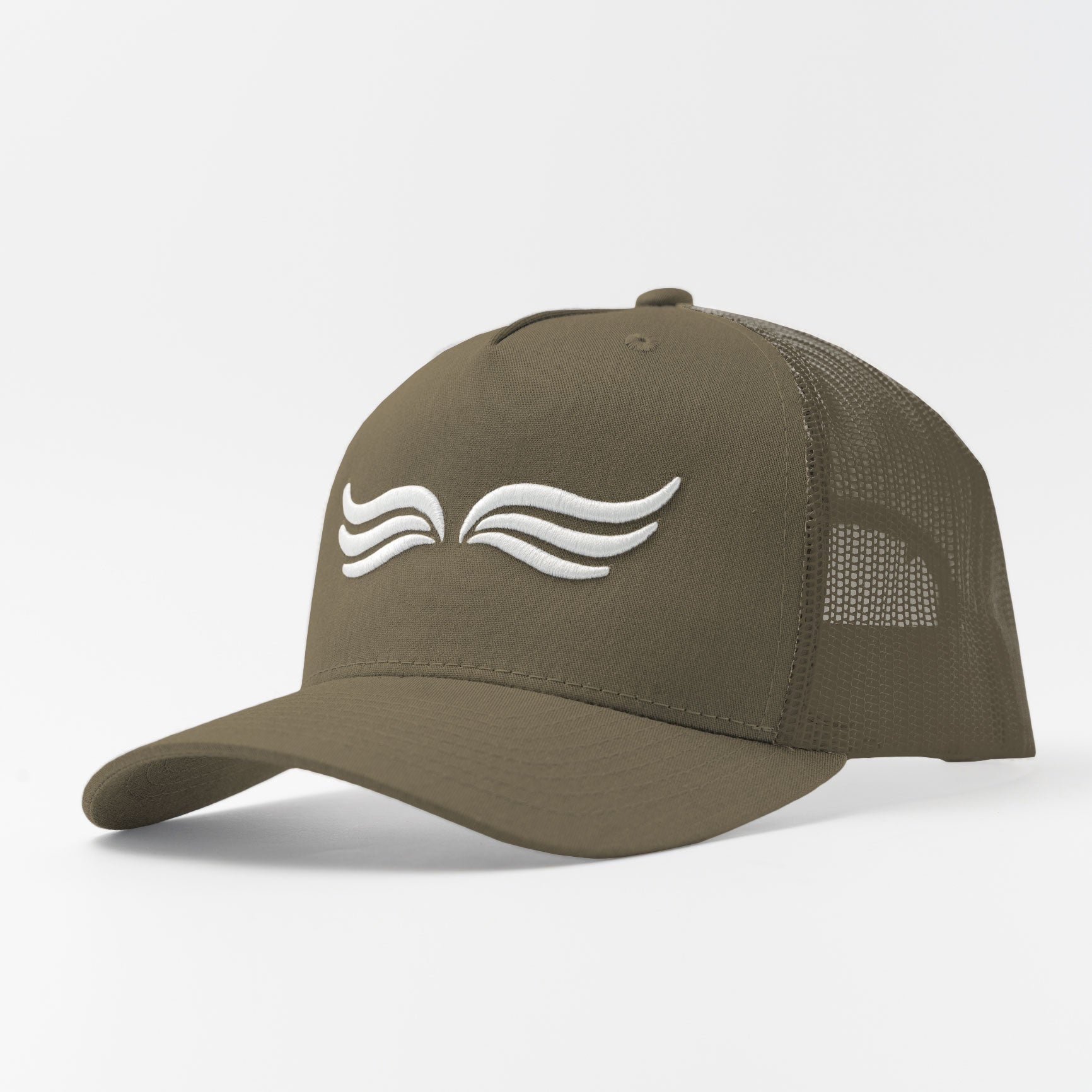 Trucker Hat – Olive Dust | Earth-toned front panel with airy mesh construction