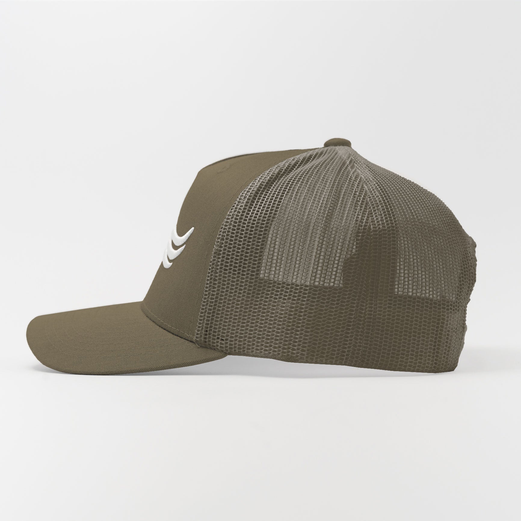Trucker Hat – Olive Dust | Side angle showing muted green tone and mesh ventilation