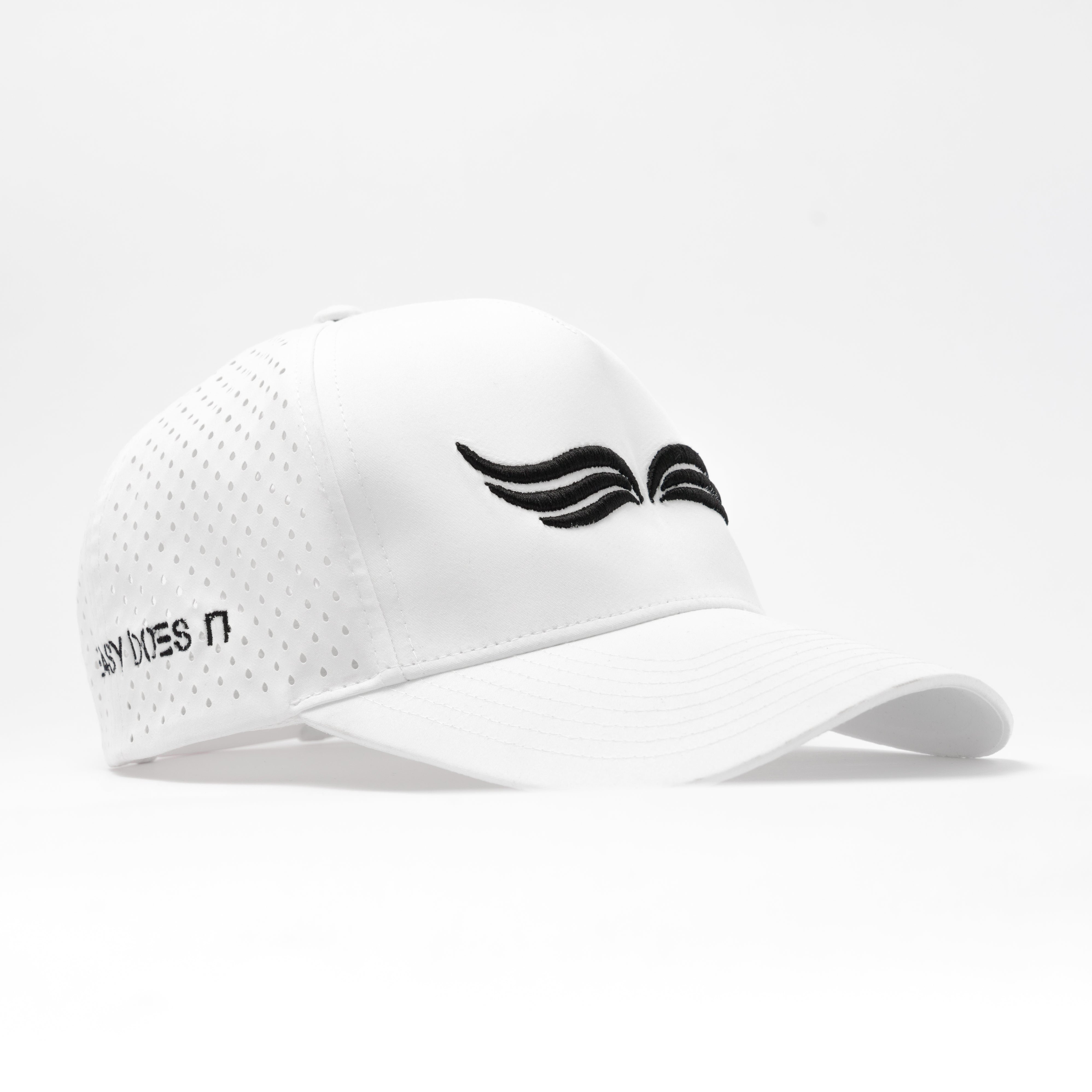 EZ Hat – White Out | Front view of structured 5-panel snapback made from recycled polyester