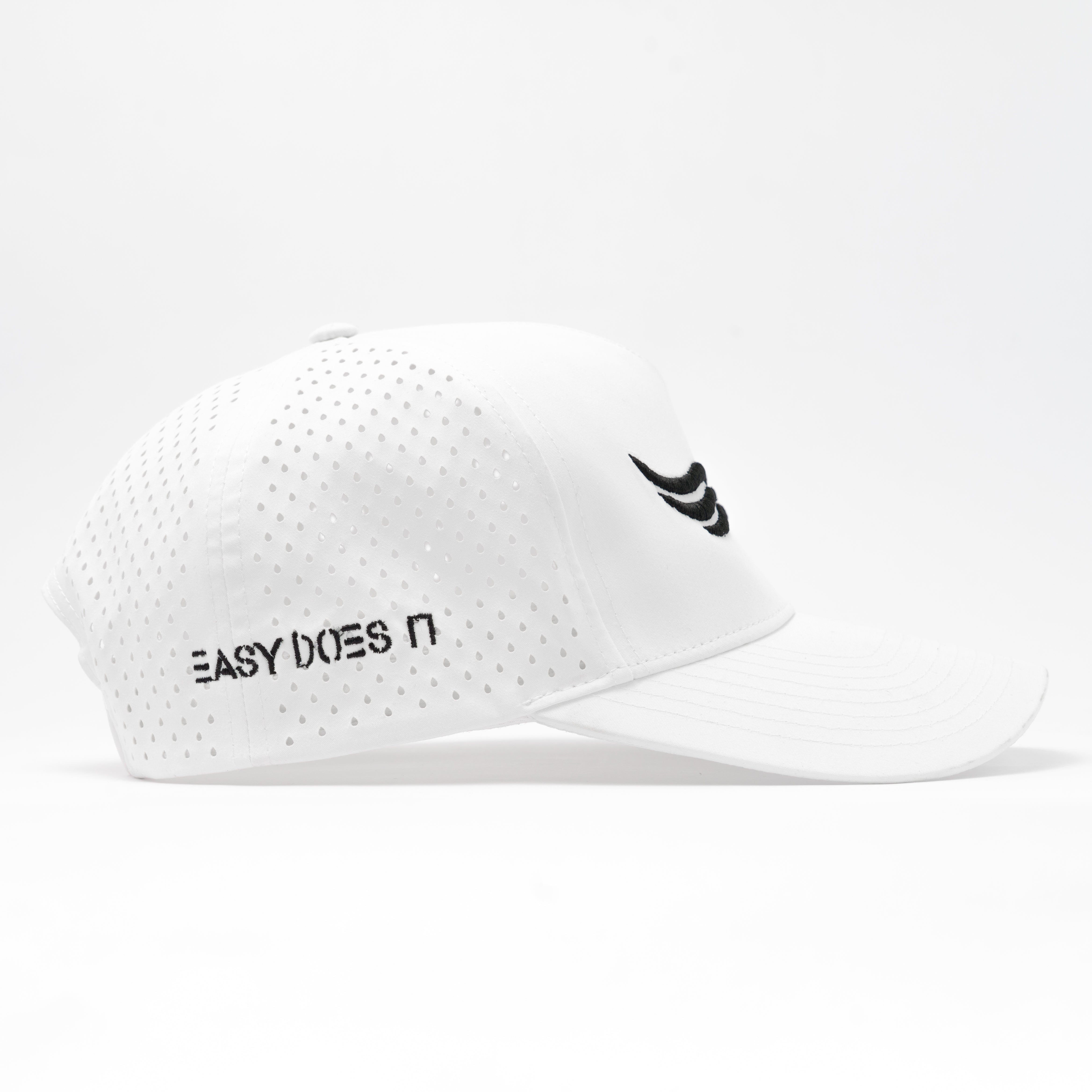 EZ Hat – White Out | Side angle showing breathable laser-perforated panels

